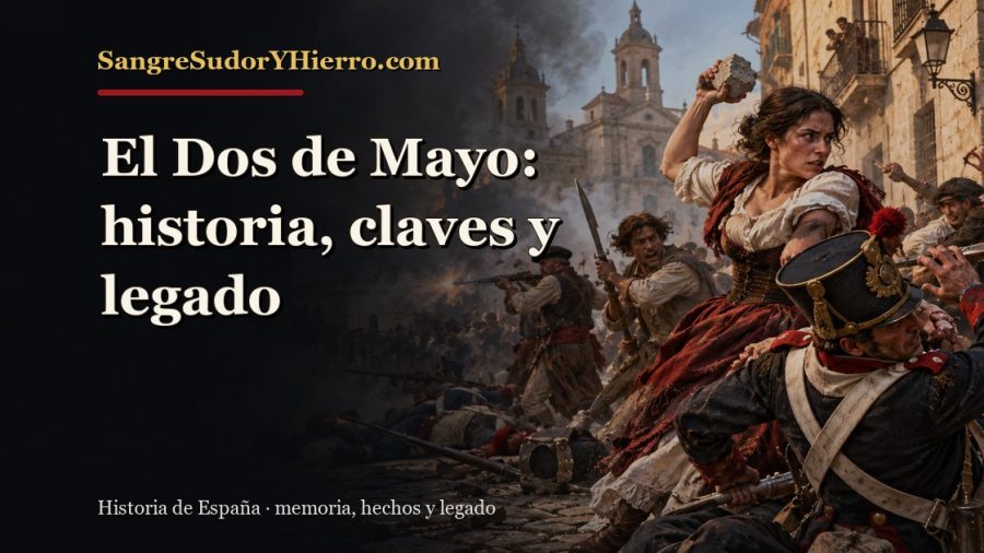 Ilustración histórica de El Dos de Mayo con el título «El Dos de Mayo: historia, claves y legado» y la marca SangreSudorYHierro.com
