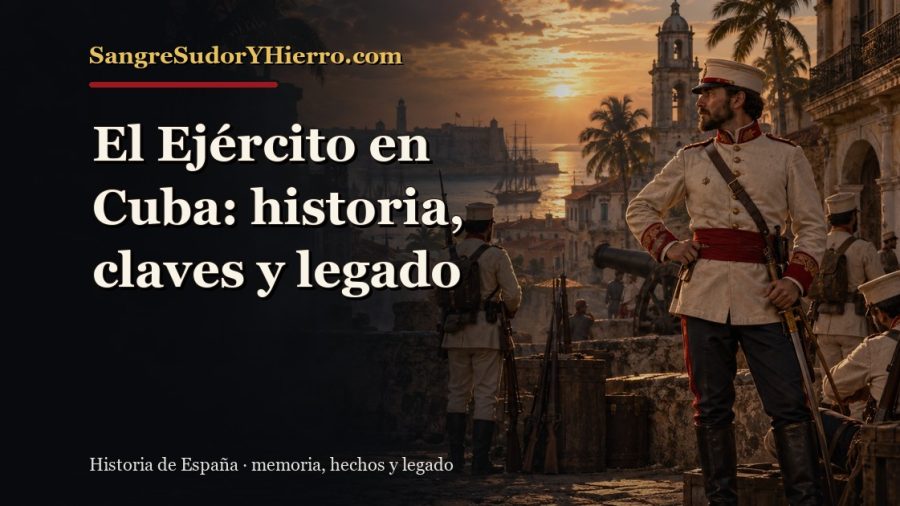 Ilustración histórica de El Ejército en Cuba con el título «El Ejército en Cuba: historia, claves y legado» y la marca SangreSudorYHierro.com