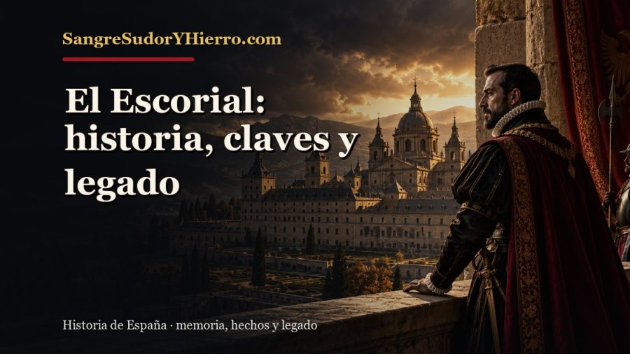 Ilustración histórica de El Escorial con el título «El Escorial: historia, claves y legado» y la marca SangreSudorYHierro.com