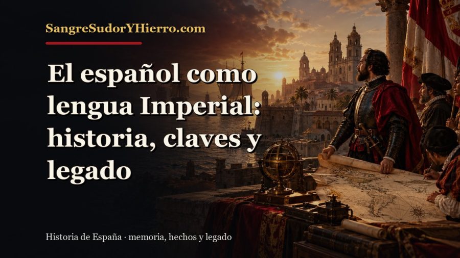 Ilustración histórica de El español como lengua Imperial con el título «El español como lengua Imperial: historia, claves y legado» y la marca SangreSudorYHierro.com