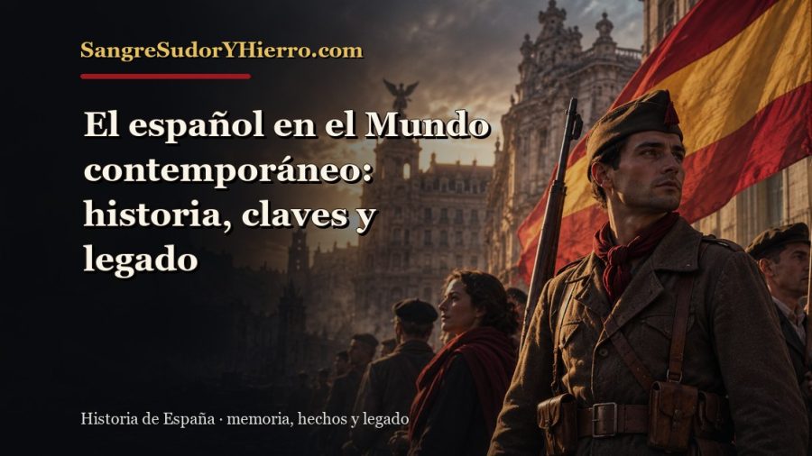 Ilustración histórica de El español en el Mundo contemporáneo con el título «El español en el Mundo contemporáneo: historia, claves y legado» y la marca SangreSudorYHierro.com