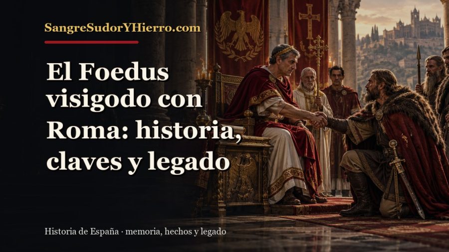 Ilustración histórica de El Foedus visigodo con Roma con el título «El Foedus visigodo con Roma: historia, claves y legado» y la marca SangreSudorYHierro.com