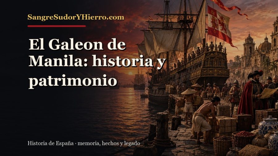 Ilustración histórica de El Galeon de Manila con el título «El Galeon de Manila: historia y patrimonio» y la marca SangreSudorYHierro.com