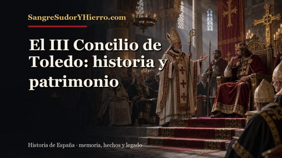 Ilustración histórica de El III Concilio de Toledo con el título «El III Concilio de Toledo: historia y patrimonio» y la marca SangreSudorYHierro.com