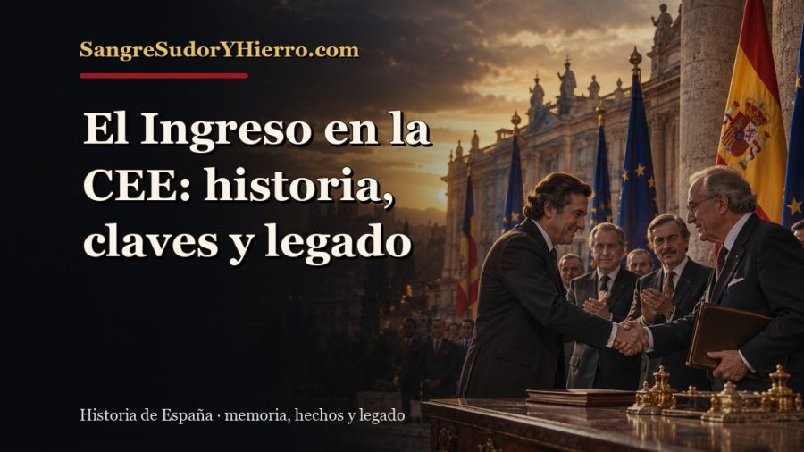 Ilustración histórica de El Ingreso en la CEE con el título «El Ingreso en la CEE: historia, claves y legado» y la marca SangreSudorYHierro.com