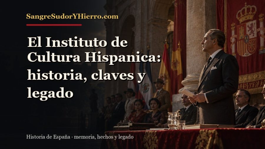 Ilustración histórica de El Instituto de Cultura Hispanica con el título «El Instituto de Cultura Hispanica: historia, claves y legado» y la marca SangreSudorYHierro.com