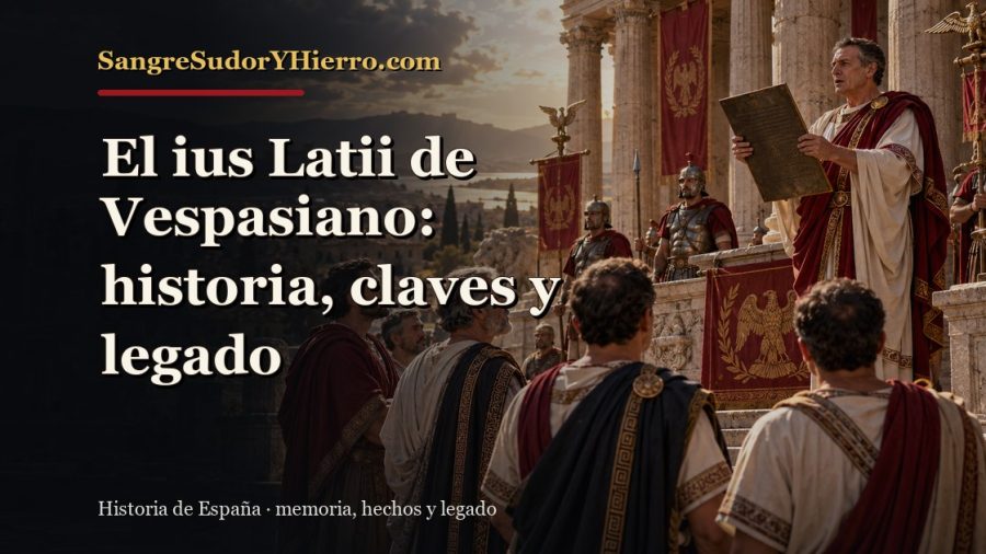 Ilustración histórica de El ius Latii de Vespasiano con el título «El ius Latii de Vespasiano: historia, claves y legado» y la marca SangreSudorYHierro.com