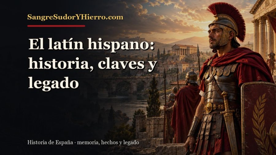 Ilustración histórica de El latín hispano con el título «El latín hispano: historia, claves y legado» y la marca SangreSudorYHierro.com