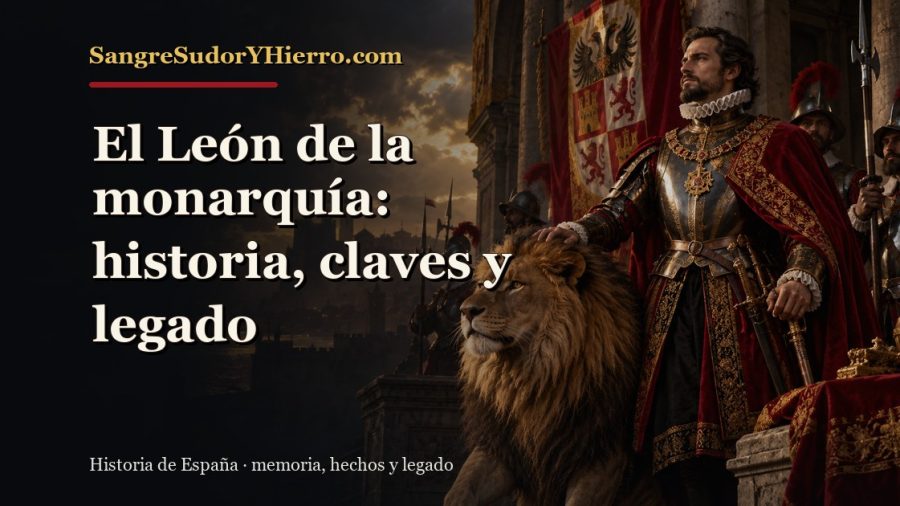 Ilustración histórica de El León de la monarquía con el título «El León de la monarquía: historia, claves y legado» y la marca SangreSudorYHierro.com