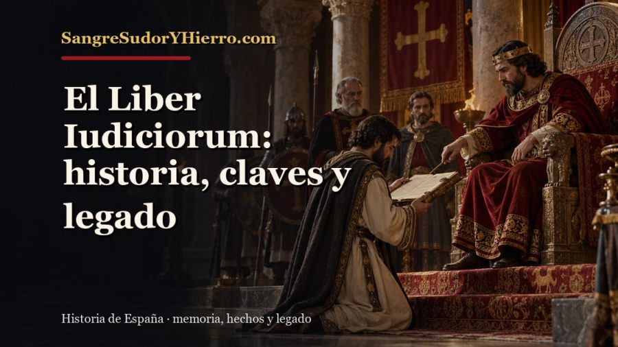 Ilustración histórica de El Liber Iudiciorum con el título «El Liber Iudiciorum: historia, claves y legado» y la marca SangreSudorYHierro.com