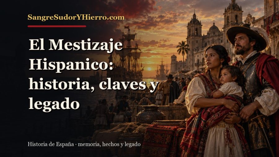 Ilustración histórica de El Mestizaje Hispanico con el título «El Mestizaje Hispanico: historia, claves y legado» y la marca SangreSudorYHierro.com