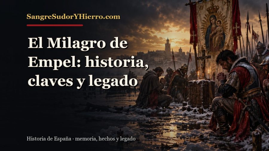 Ilustración histórica de El Milagro de Empel con el título «El Milagro de Empel: historia, claves y legado» y la marca SangreSudorYHierro.com