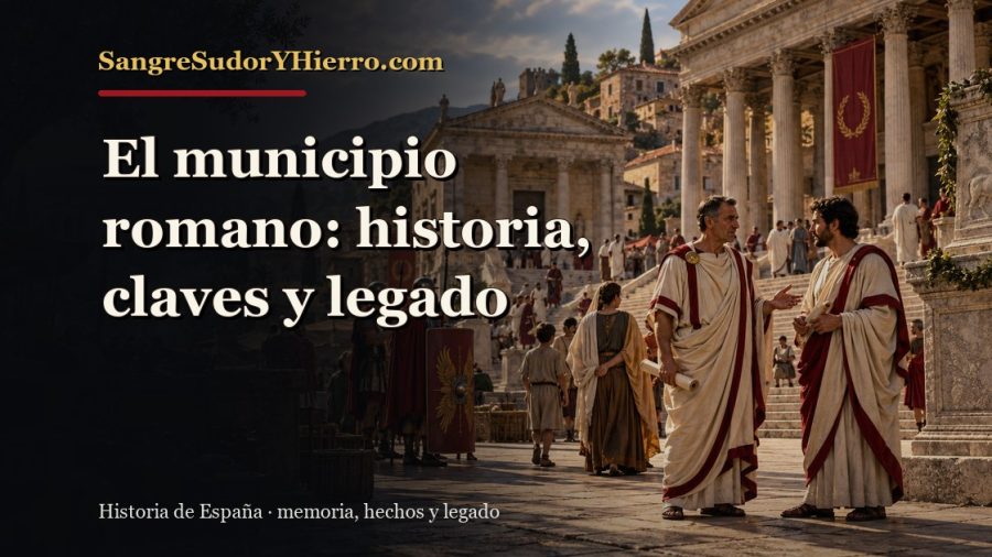 Ilustración histórica de El municipio romano con el título «El municipio romano: historia, claves y legado» y la marca SangreSudorYHierro.com
