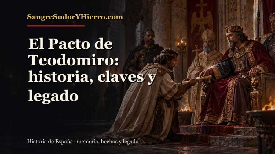 Ilustración histórica de El Pacto de Teodomiro con el título «El Pacto de Teodomiro: historia, claves y legado» y la marca SangreSudorYHierro.com