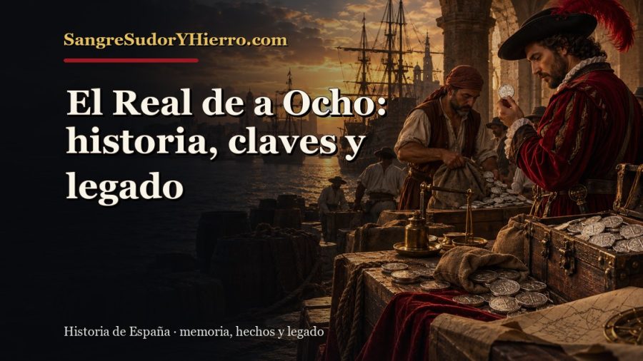 Ilustración histórica de El Real de a Ocho con el título «El Real de a Ocho: historia, claves y legado» y la marca SangreSudorYHierro.com