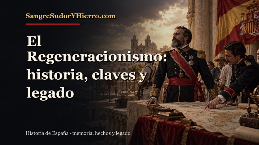 Ilustración histórica de El Regeneracionismo con el título «El Regeneracionismo: historia, claves y legado» y la marca SangreSudorYHierro.com
