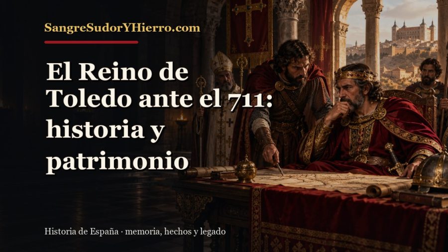 Ilustración histórica de El Reino de Toledo ante el 711 con el título «El Reino de Toledo ante el 711: historia y patrimonio» y la marca SangreSudorYHierro.com