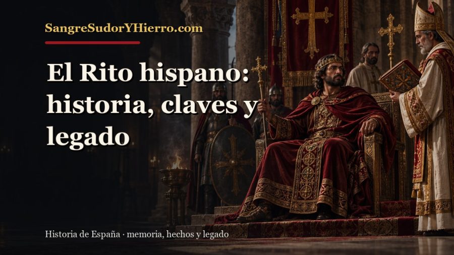 Ilustración histórica de El Rito hispano con el título «El Rito hispano: historia, claves y legado» y la marca SangreSudorYHierro.com