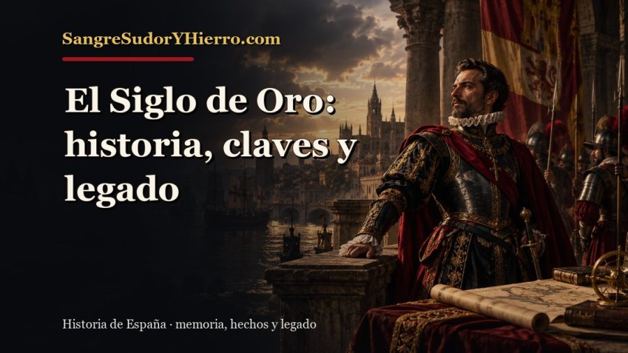 Ilustración histórica de El Siglo de Oro con el título «El Siglo de Oro: historia, claves y legado» y la marca SangreSudorYHierro.com