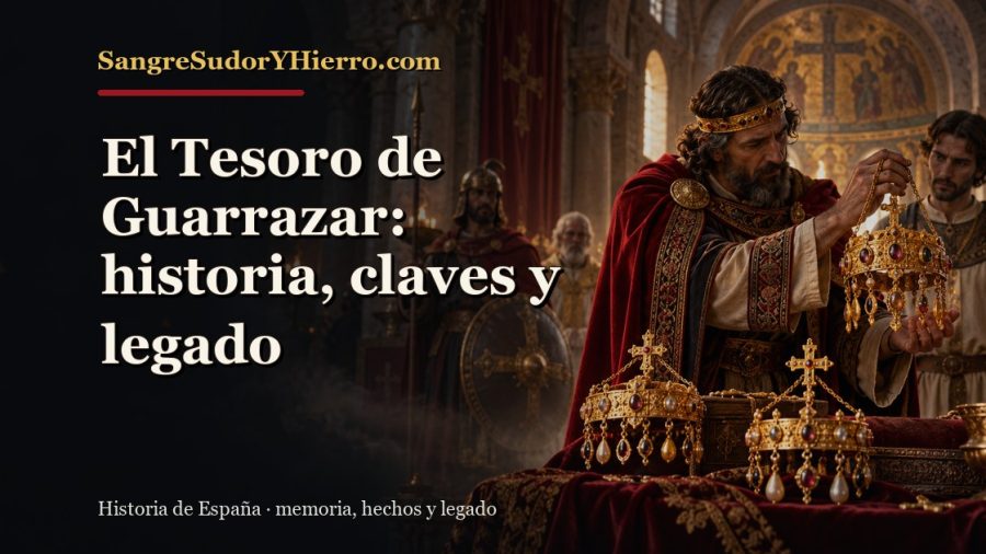 Ilustración histórica de El Tesoro de Guarrazar con el título «El Tesoro de Guarrazar: historia, claves y legado» y la marca SangreSudorYHierro.com