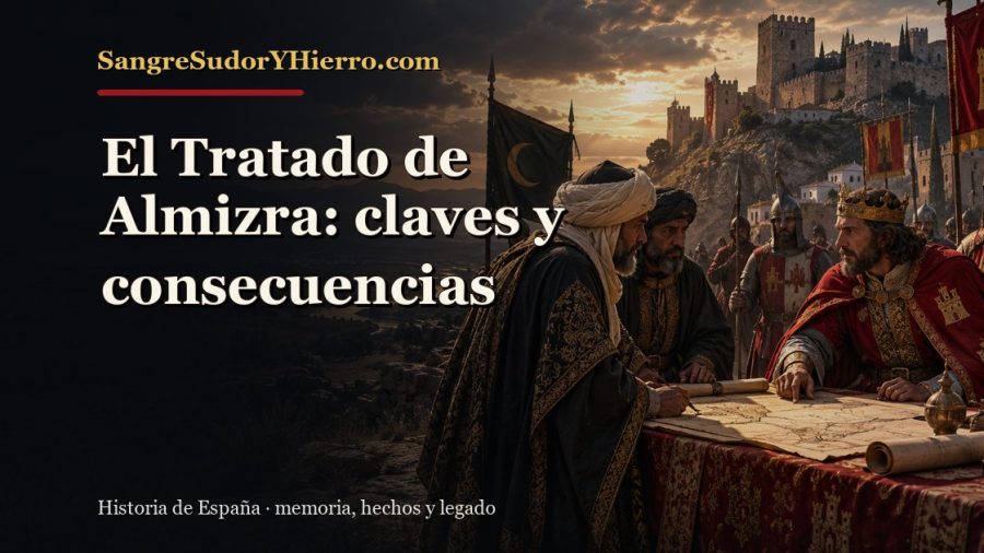 Ilustración histórica de El Tratado de Almizra con el título «El Tratado de Almizra: claves y consecuencias» y la marca SangreSudorYHierro.com
