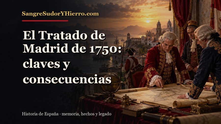 Ilustración histórica de El Tratado de Madrid de 1750 con el título «El Tratado de Madrid de 1750: claves y consecuencias» y la marca SangreSudorYHierro.com