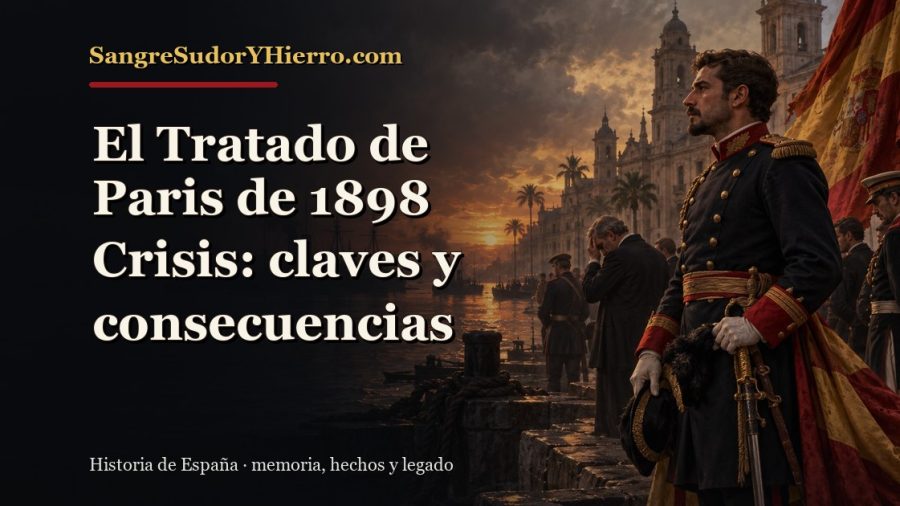 Ilustración histórica de El Tratado de Paris de 1898 Crisis con el título «El Tratado de Paris de 1898 Crisis: claves y consecuencias» y la marca SangreSudorYHierro.com