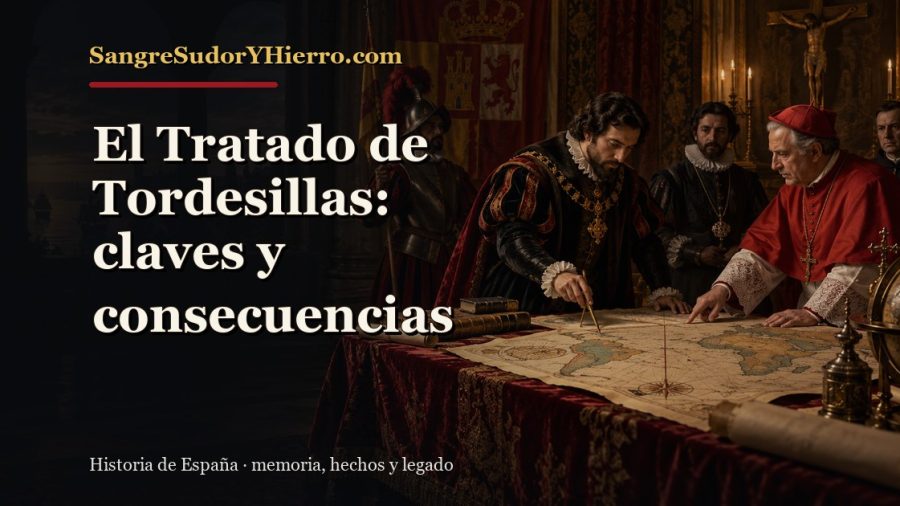 Ilustración histórica de El Tratado de Tordesillas con el título «El Tratado de Tordesillas: claves y consecuencias» y la marca SangreSudorYHierro.com