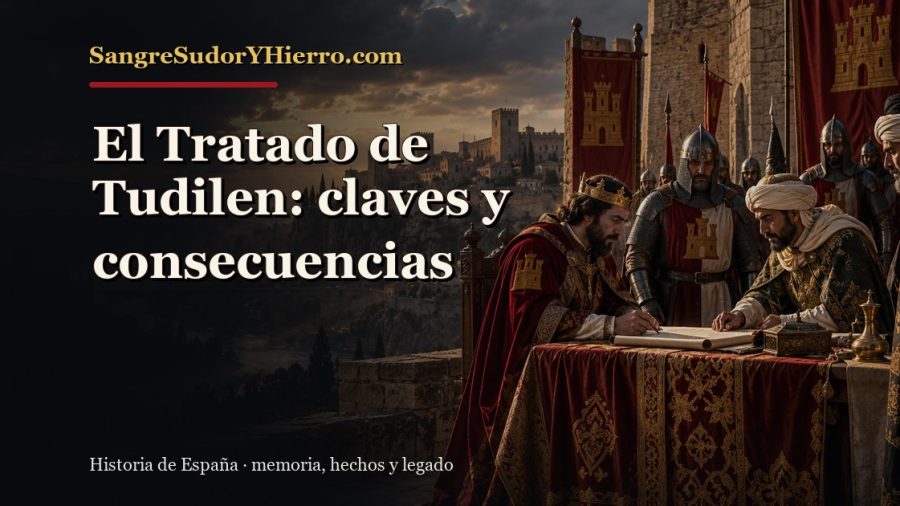 Ilustración histórica de El Tratado de Tudilen con el título «El Tratado de Tudilen: claves y consecuencias» y la marca SangreSudorYHierro.com
