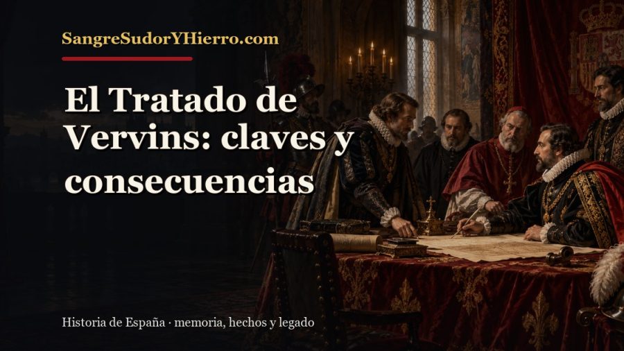 Ilustración histórica de El Tratado de Vervins con el título «El Tratado de Vervins: claves y consecuencias» y la marca SangreSudorYHierro.com