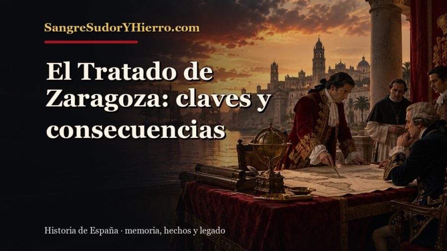 Ilustración histórica de El Tratado de Zaragoza con el título «El Tratado de Zaragoza: claves y consecuencias» y la marca SangreSudorYHierro.com
