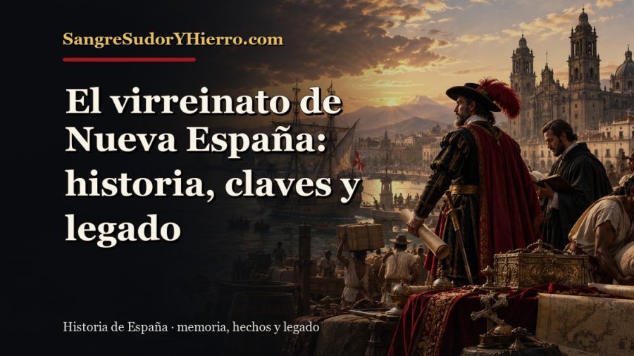 Ilustración histórica de El virreinato de Nueva España con el título «El virreinato de Nueva España: historia, claves y legado» y la marca SangreSudorYHierro.com