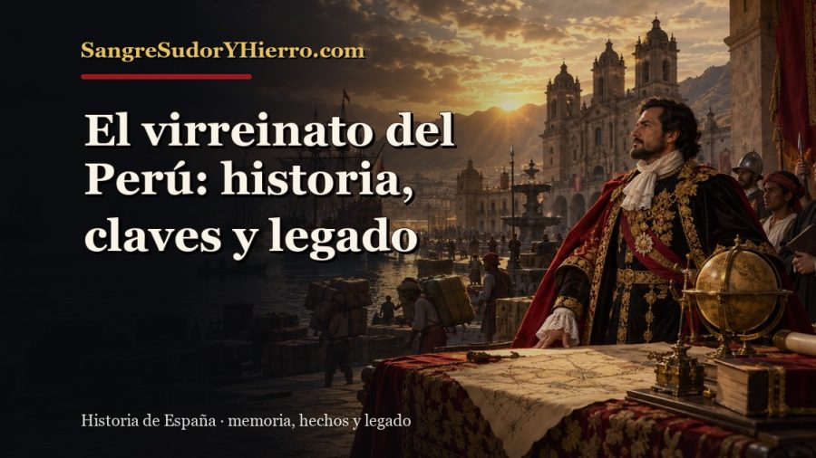 Ilustración histórica de El virreinato del Perú con el título «El virreinato del Perú: historia, claves y legado» y la marca SangreSudorYHierro.com