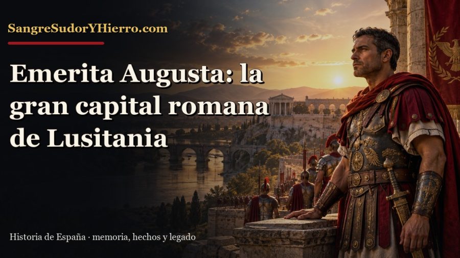 Ilustración histórica de Emerita Augusta con el título «Emerita Augusta: la gran capital romana de Lusitania» y la marca SangreSudorYHierro.com
