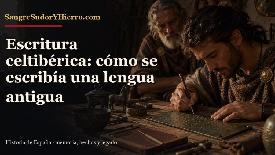 Recreación histórica sobre escritura celtibérica con el título «Escritura celtibérica: cómo se escribía una lengua antigua» y la marca SangreSudorYHierro.com