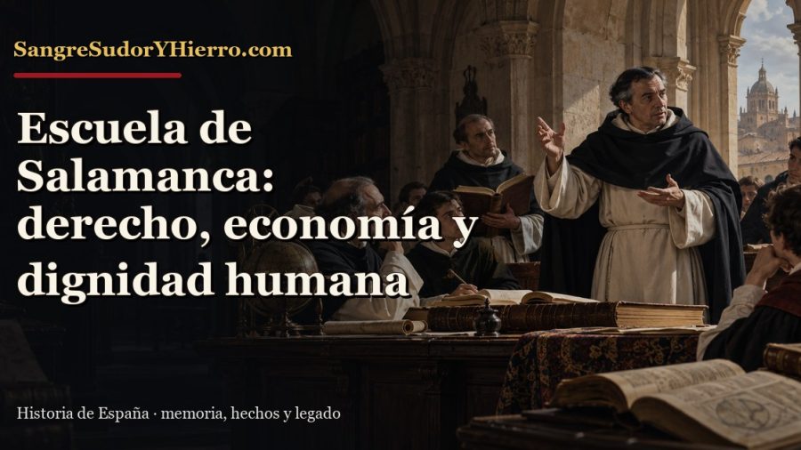 Recreación histórica sobre Escuela de Salamanca con el título «Escuela de Salamanca: derecho, economía y dignidad humana» y la marca SangreSudorYHierro.com