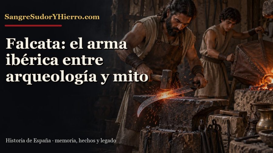 Recreación histórica sobre falcata ibérica con el título «Falcata: el arma ibérica entre arqueología y mito» y la marca SangreSudorYHierro.com