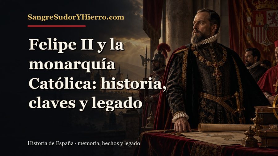 Ilustración histórica de Felipe II y la monarquía Católica con el título «Felipe II y la monarquía Católica: historia, claves y legado» y la marca SangreSudorYHierro.com