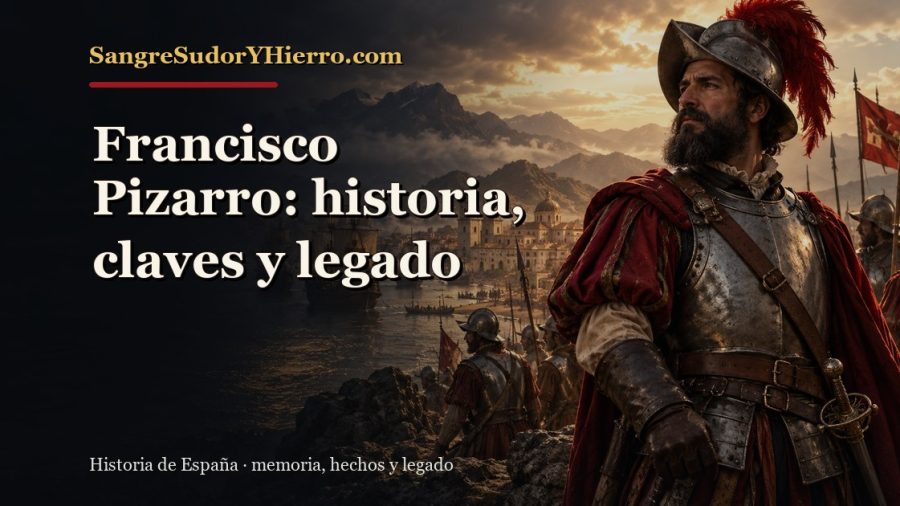 Ilustración histórica de Francisco Pizarro con el título «Francisco Pizarro: historia, claves y legado» y la marca SangreSudorYHierro.com