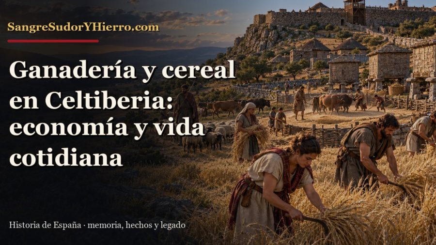 Recreación histórica sobre economía de Celtiberia con el título «Ganadería y cereal en Celtiberia: economía y vida cotidiana» y la marca SangreSudorYHierro.com