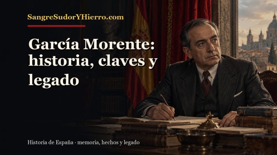 Ilustración histórica de García Morente con el título «García Morente: historia, claves y legado» y la marca SangreSudorYHierro.com