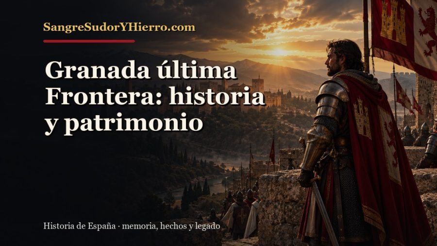 Ilustración histórica de Granada última Frontera con el título «Granada última Frontera: historia y patrimonio» y la marca SangreSudorYHierro.com