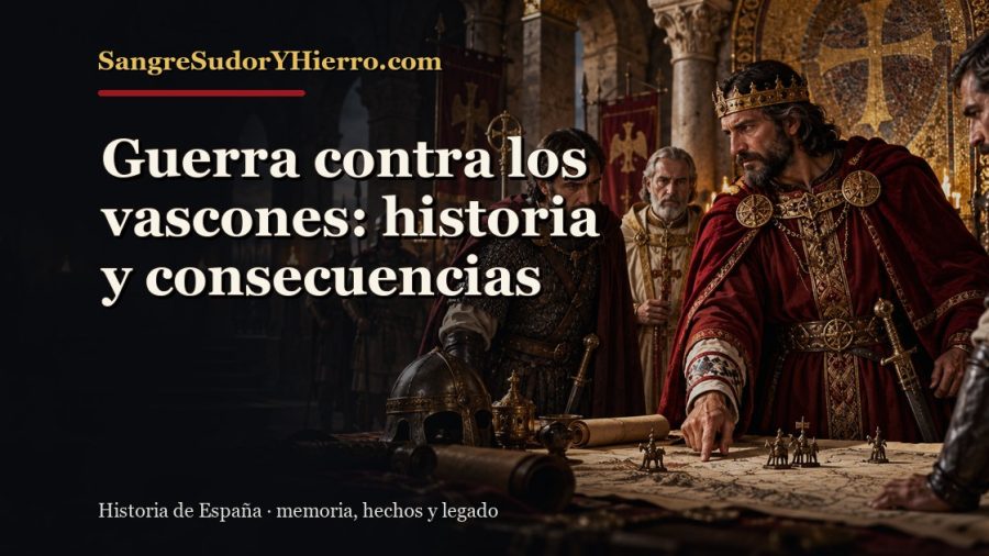 Ilustración histórica de Guerra contra los vascones con el título «Guerra contra los vascones: historia y consecuencias» y la marca SangreSudorYHierro.com