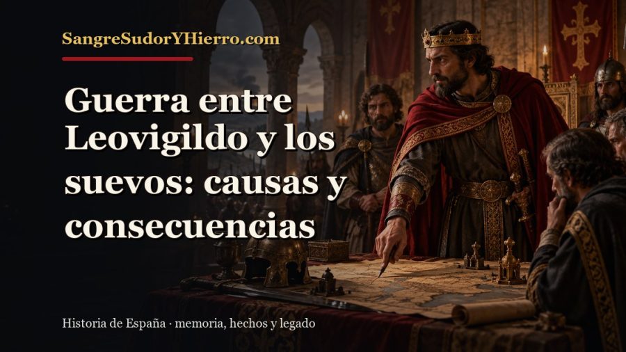 Ilustración histórica de Guerra entre Leovigildo y los suevos con el título «Guerra entre Leovigildo y los suevos: causas y consecuencias» y la marca SangreSudorYHierro.com