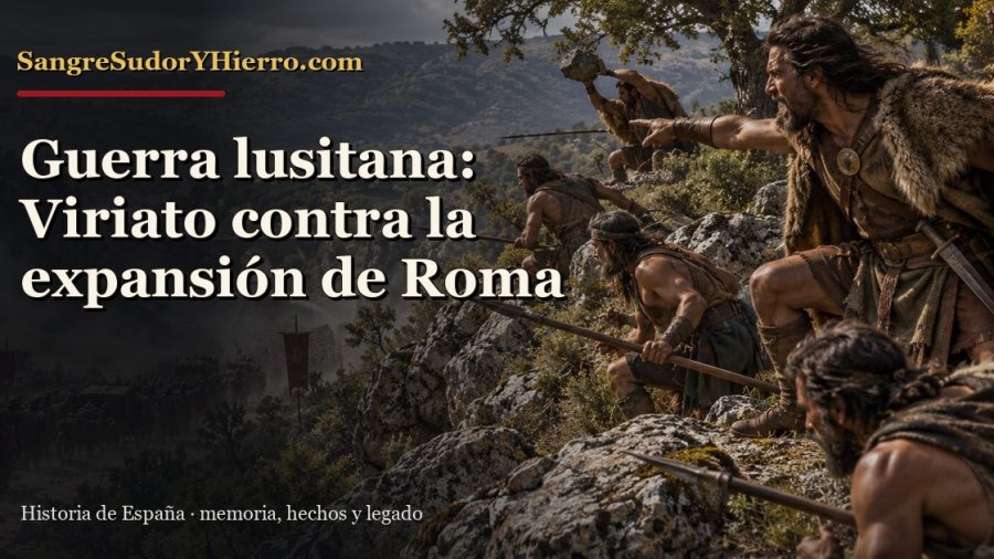 Recreación histórica sobre guerra lusitana de Viriato con el título «Guerra lusitana: Viriato contra la expansión de Roma» y la marca SangreSudorYHierro.com