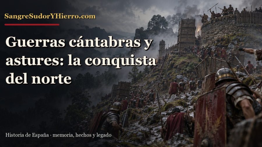 Recreación histórica sobre guerras cántabras y astures con el título «Guerras cántabras y astures: la conquista del norte» y la marca SangreSudorYHierro.com