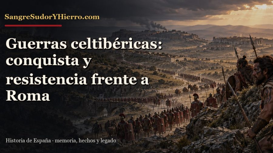 Recreación histórica sobre guerras celtibéricas con el título «Guerras celtibéricas: conquista y resistencia frente a Roma» y la marca SangreSudorYHierro.com