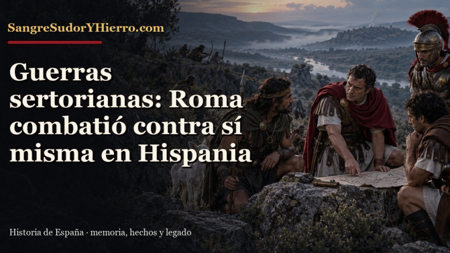 Recreación histórica sobre guerras sertorianas con el título «Guerras sertorianas: Roma combatió contra sí misma en Hispania» y la marca SangreSudorYHierro.com
