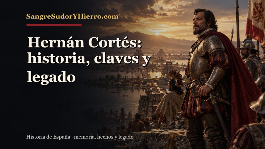 Ilustración histórica de Hernán Cortés con el título «Hernán Cortés: historia, claves y legado» y la marca SangreSudorYHierro.com