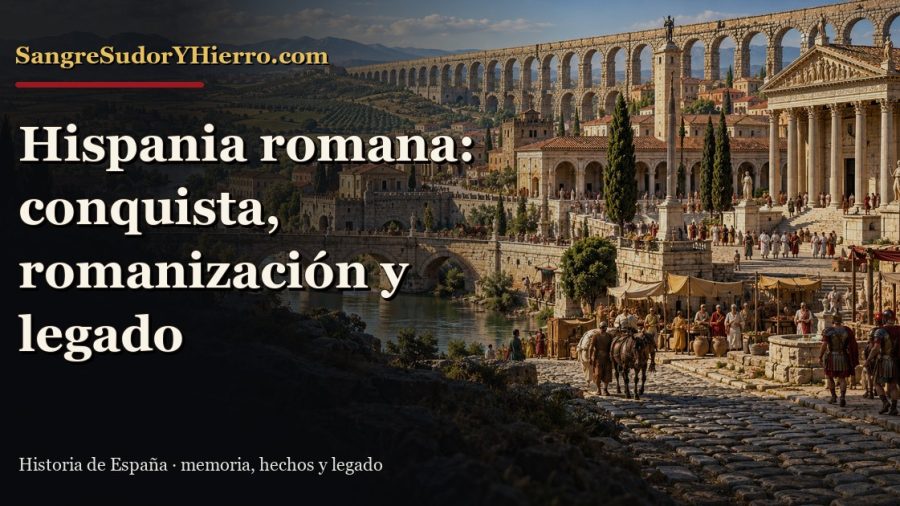Recreación de una ciudad de Hispania romana con calzada y acueducto y el título del artículo